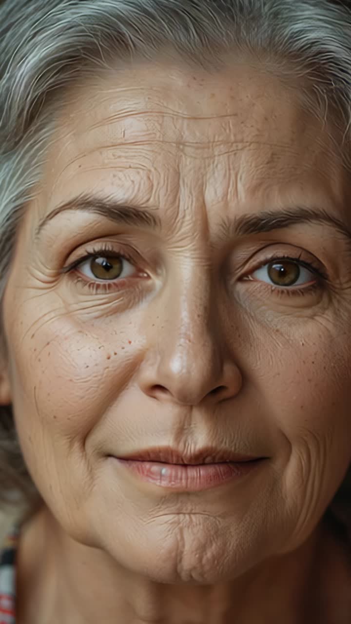 Vertical video: Showing senior woman holding neutral expression in softly lit room, skin texture