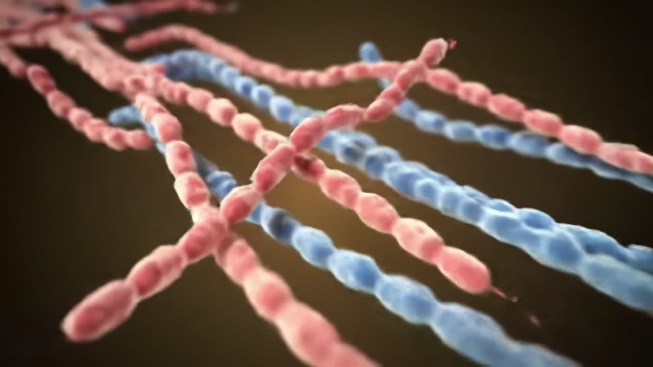 Detailed Visualization of Microscopic Structures: Vibrant Red and Blue Bacteria in a 3D Environment, Showcasing Their Intricate Shapes and Dynamics