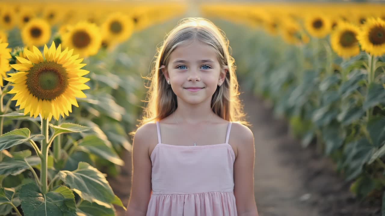 Portrait of a smiling blonde girl standing joyfully in a vibrant sunflower field during sunset, basking in the warm golden hour light and embracing the beauty of nature