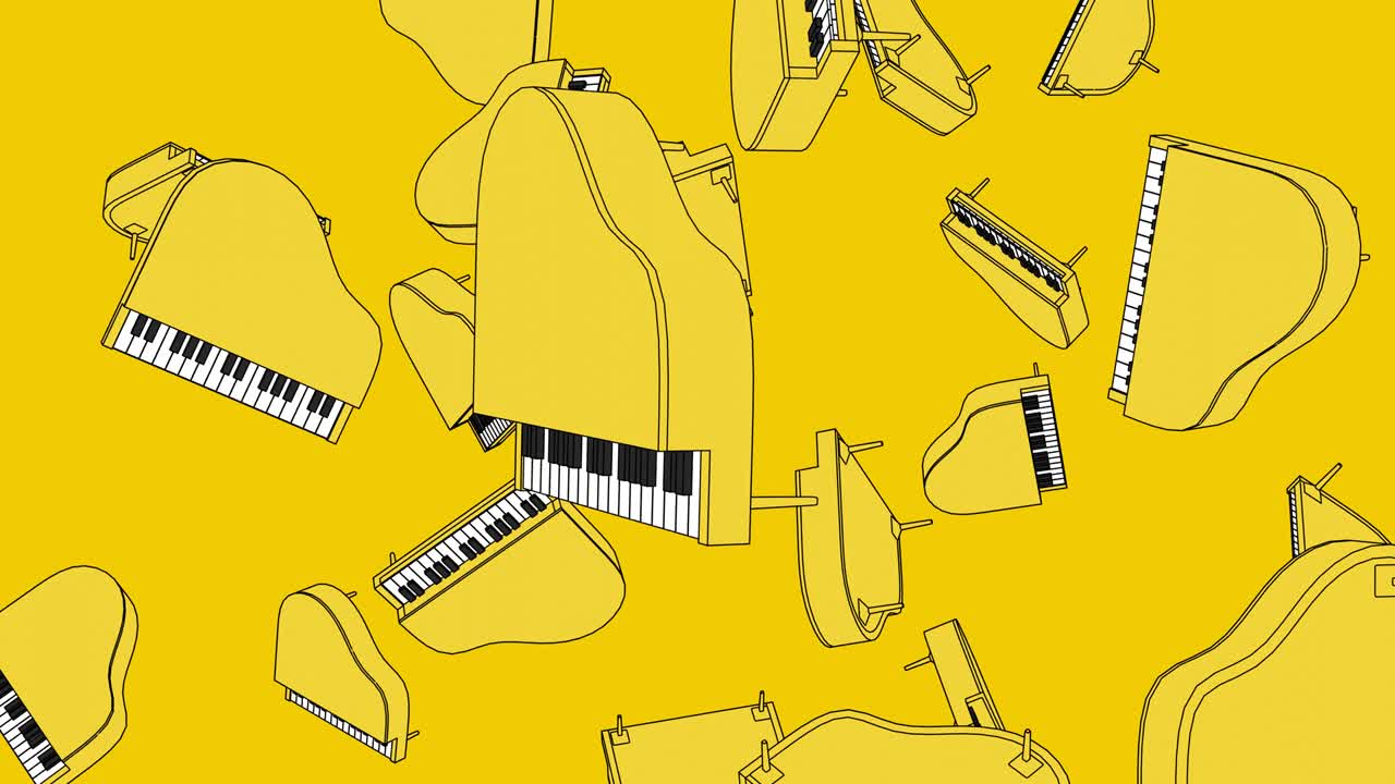 Molti pianoforti gialli su sfondo giallo.