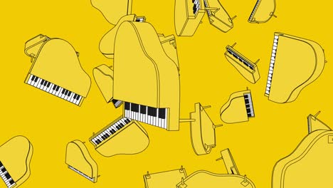 many yellow pianos on yellow background.
