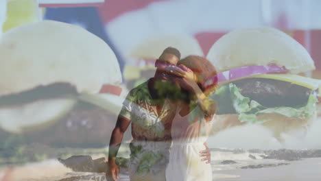 walking on beach, couple with burger animation overlay in background