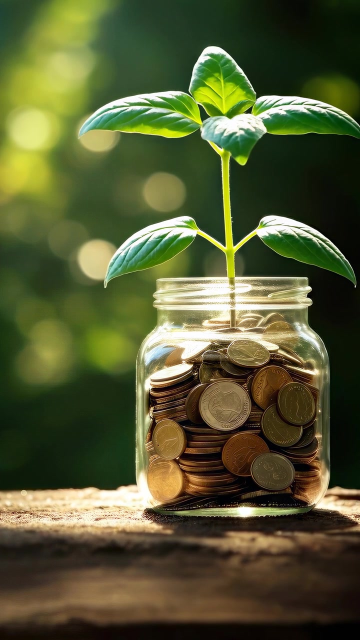 Small Plant Growing Out of a Glass Jar Filled With Coins