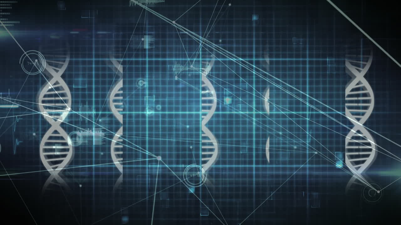 Animation of scientific data, dna and connections over black and blue background