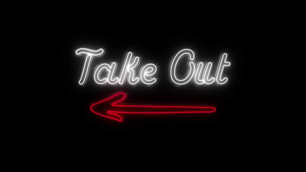 Take Out Neon Signs Style Text with red arrow shape showing direction. 4k