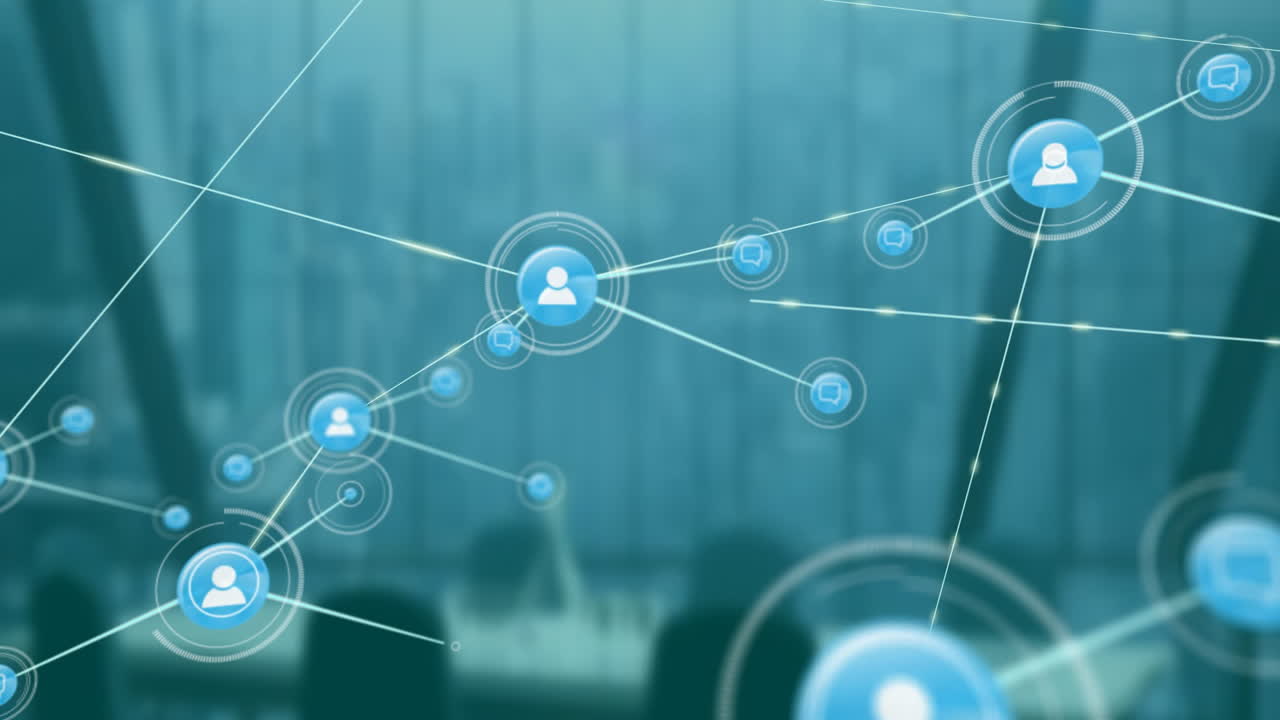 Network of connections and data processing animation over people in office