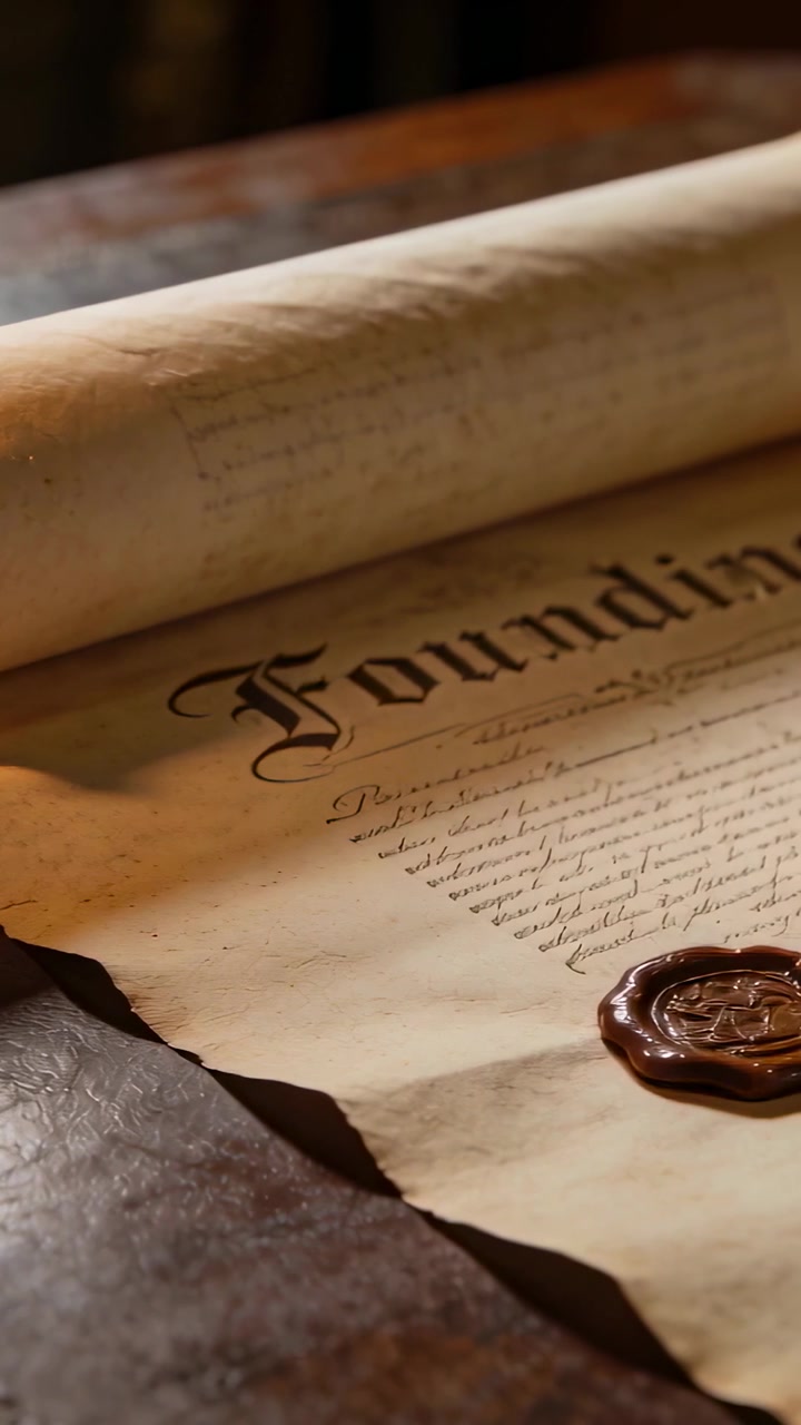 Vertical video: Panning camera revealing parchment 'Founding' in study, showing wax seal and chain
