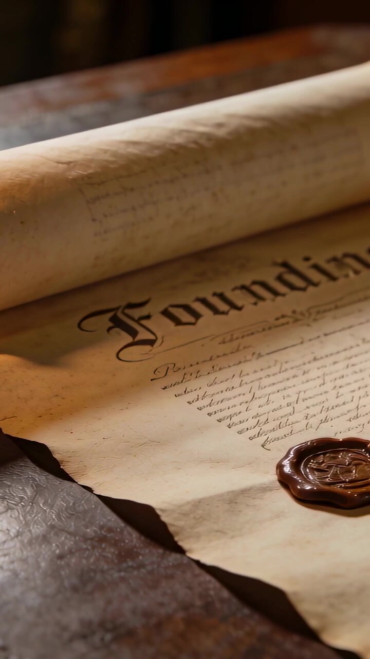 Vertical video: Panning camera revealing parchment 'Founding' in study, showing wax seal and chain
