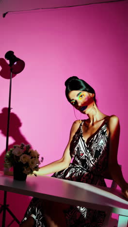 woman with vibrant rainbow eyeshadow and blue lipstick on pink background