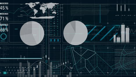 Animation-Einer-Karte-über-Diagrammen-Und-Datenverarbeitung-Auf-Schwarzem-Hintergrund