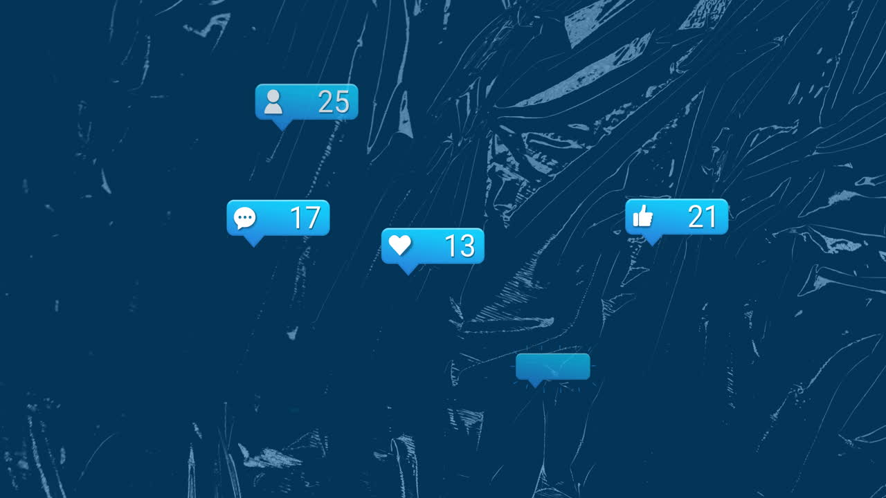 Animation of social media notification icons over abstract blue textured background