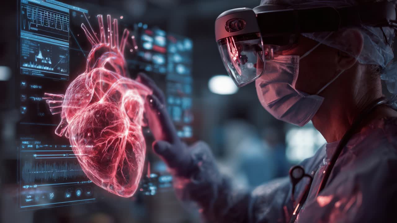 Innovative Medical Technology: A Healthcare Professional Analyzing Heart Data With Advanced Visualization Techniques in a High-Tech Surgical Environment Using Augmented Reality Tools