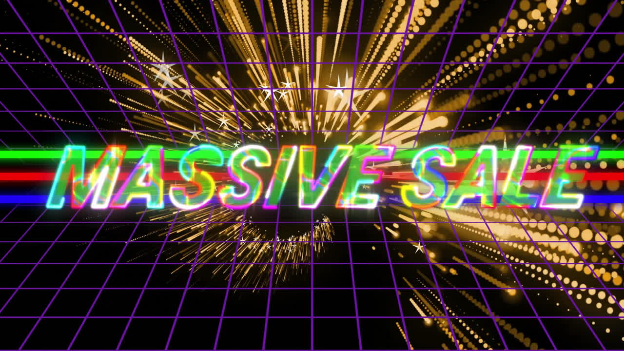 Neon-rainbow MASSIVE SALE text glitching, glowing and bursting with golden sparks over purple grid