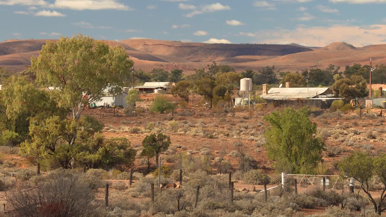 Panoramic view of historic Beltana town, a remote settlement in Australia's arid Flinders Ranges.
