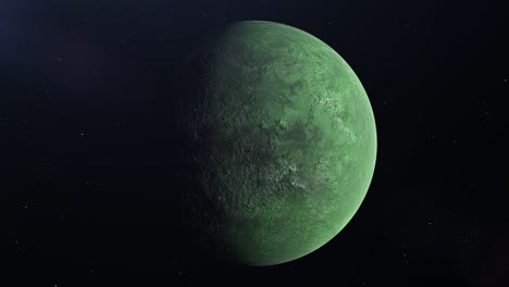 ultra realistic green alien planet in space rotating and drifting away, stars in background - 4k