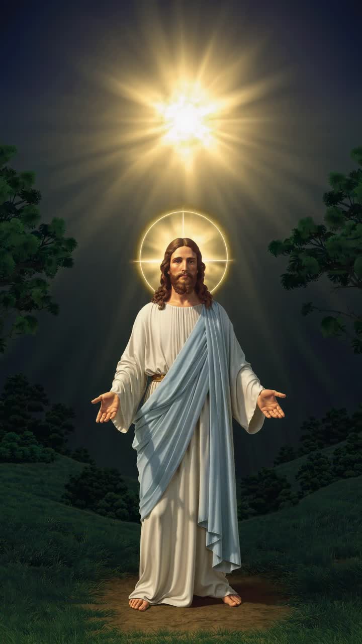 A serene depiction of a haloed figure in a flowing robe, viewed from a low angle, bathed in golden