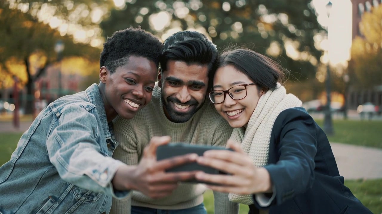 Tre amici appoggiati al parco, quello più a destra tiene il telefono alzato, indossano giacche e si fanno un selfie.