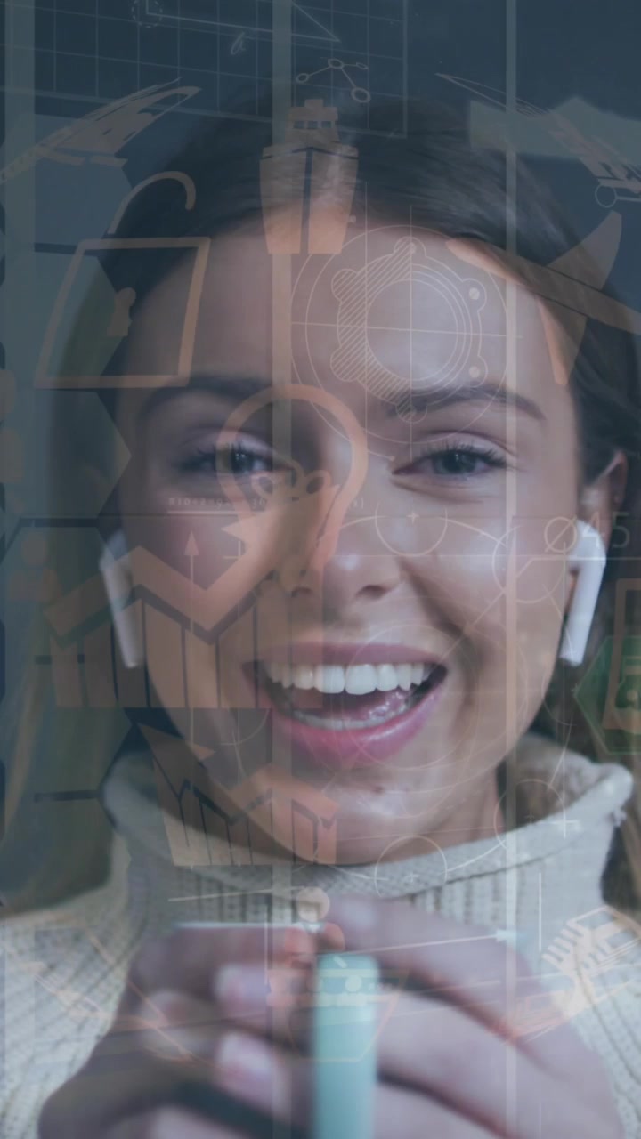 Animation of network of connections and data over caucasian woman smiling and waving at camera
