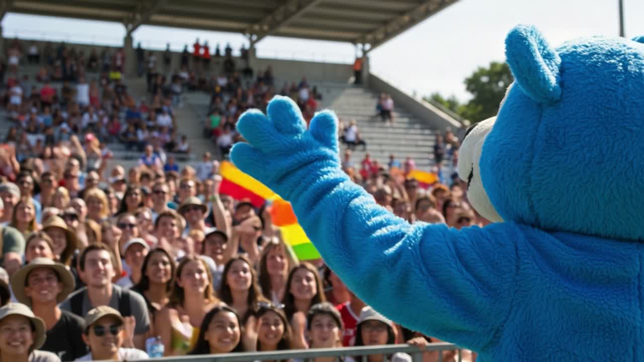 Una festa piena di colori: una mascotte blu interagisce con una folla vivace che mostra bandiere a un evento all'aperto