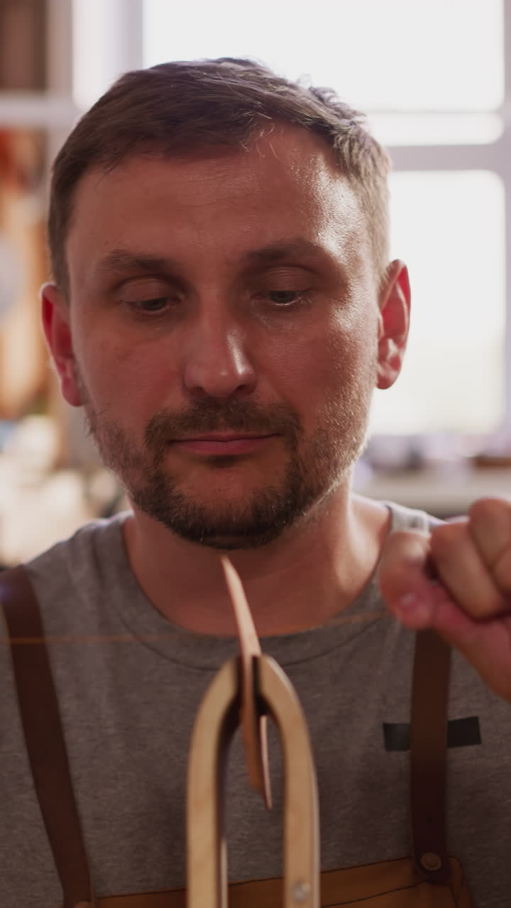 Bearded worker makes seam on leather piece with waxed thread in craft workshop. Processed material fixed by clamp. Traditional handicraft techniques