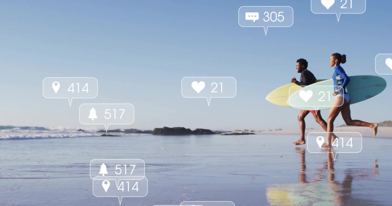 Surfers carrying boards running toward waves with social overlays appearing and updating likes