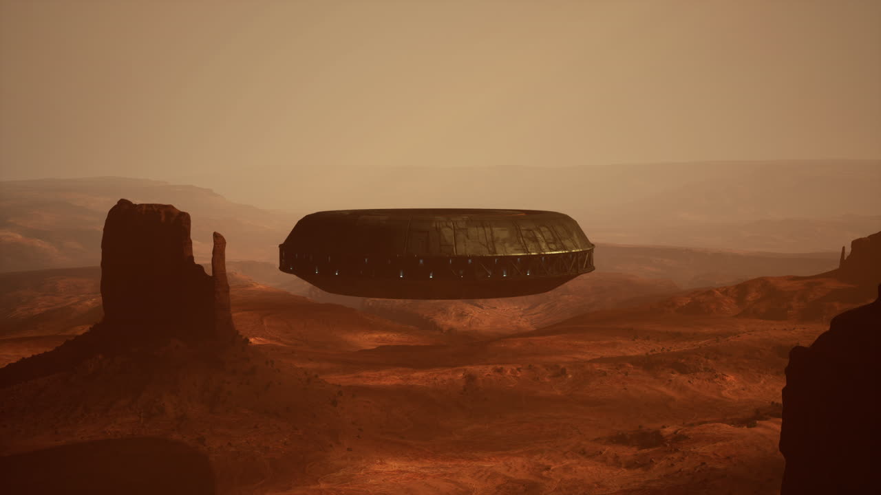 Alien Spaceship Hovering Over a Martian Desert Landscape