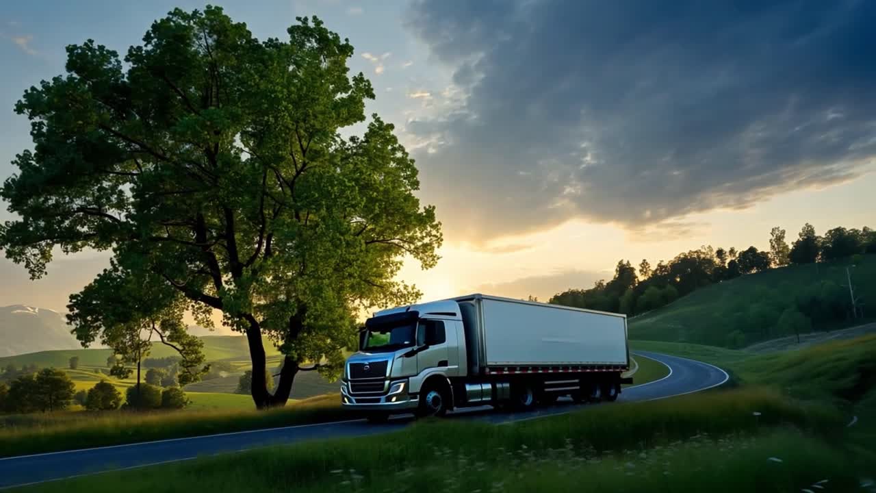 A commercial truck drives on a winding road through a green countryside landscape at sunset