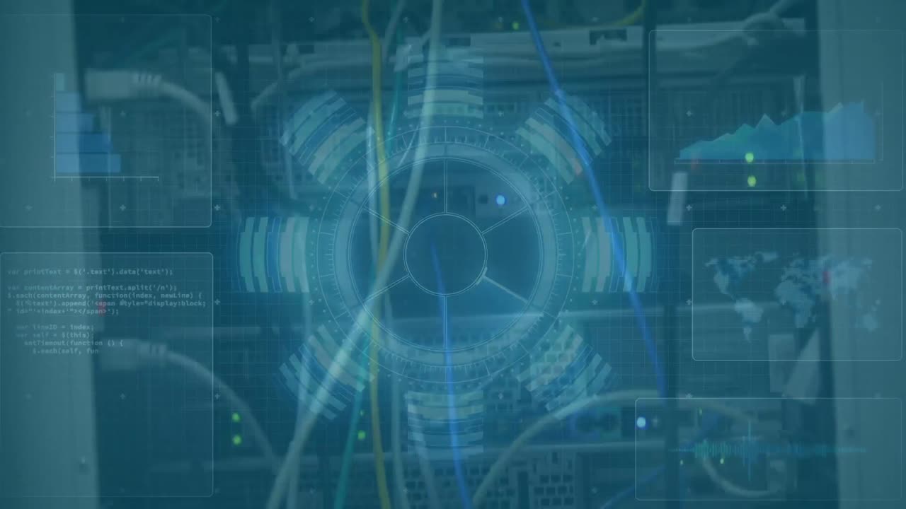 Animation of scopes scanning and data processing on screens over computer server