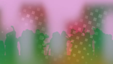 animation of red and white squares over dancing crowd with pink smoke