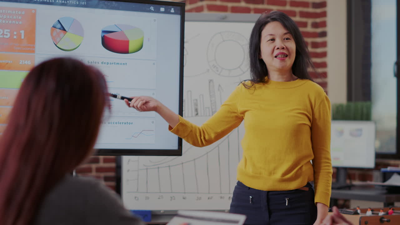 Business woman showing presentation of financial analysis