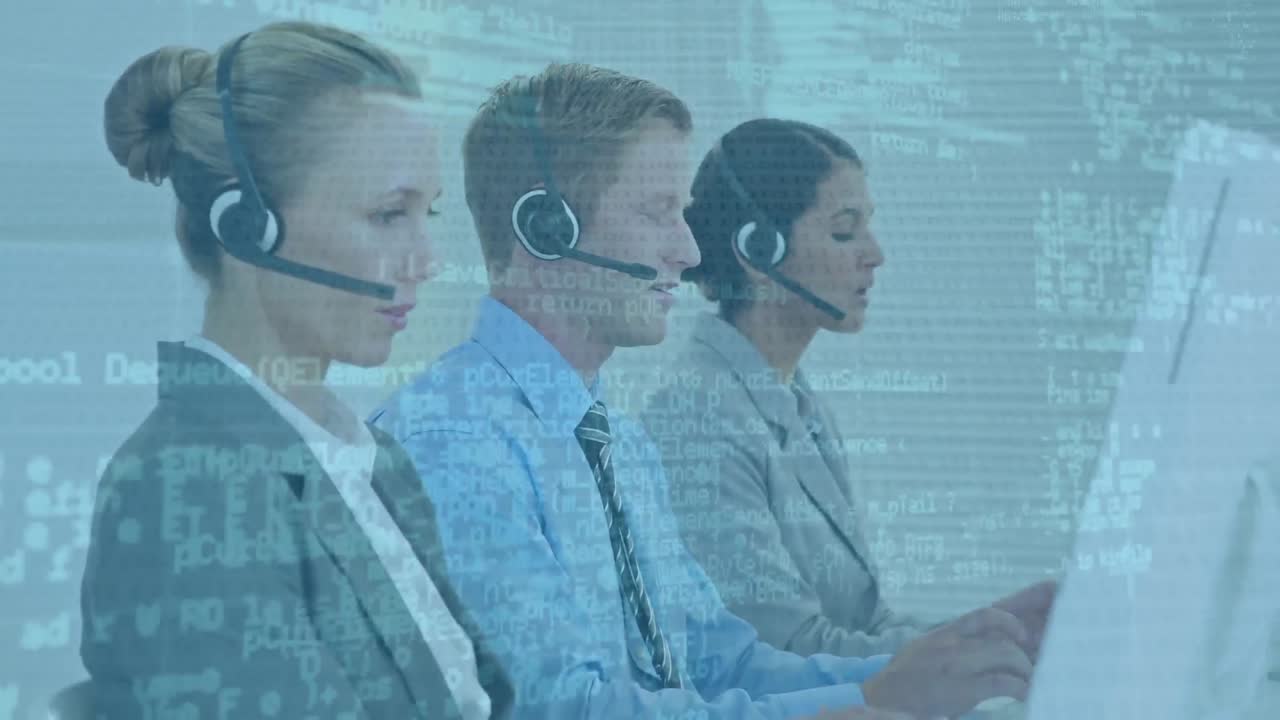 Animation of financial data processing over diverse business people using headsets and computers