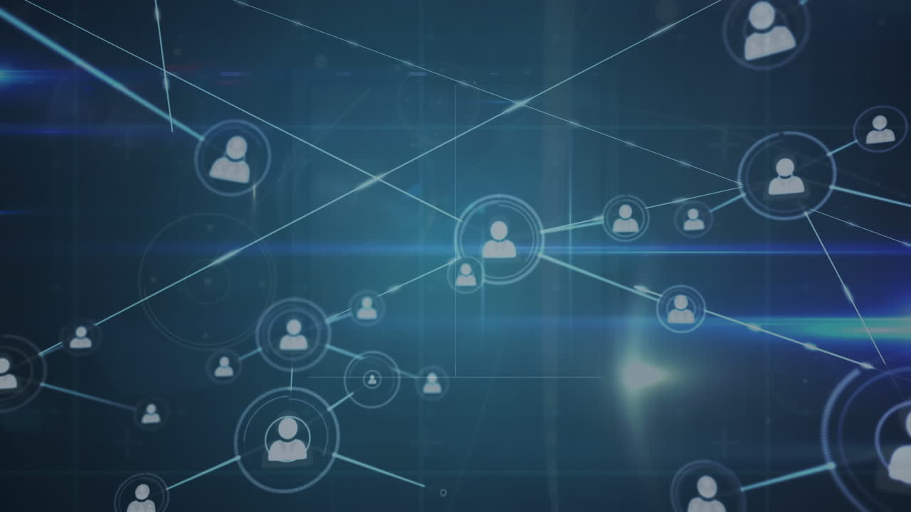 animación de iconos de perfil conectados con líneas sobre llamaradas de lente contra un fondo abstracto