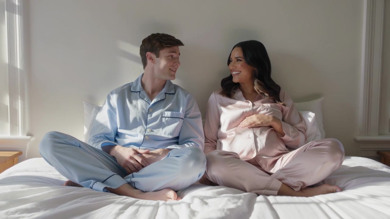 Smiling man initiating talk with partner on bed, anticipating baby, woman cradling belly in pajamas
