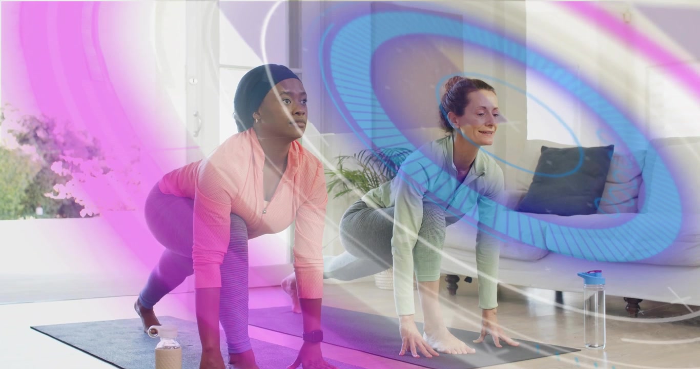 Women tapping phone starting animated fitness timer stepping on mats for low lunges for hip stretch