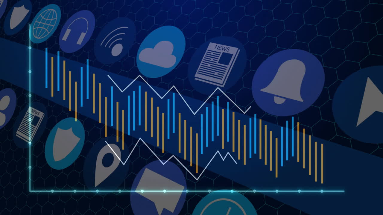 Icons of cloud, news, and notifications over fluctuating data graph animation
