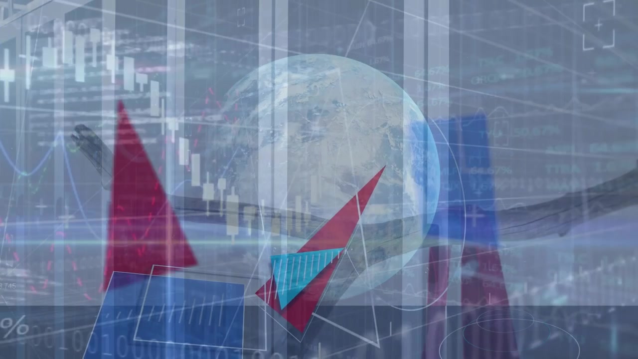 サーバールームを背景に、樹木の枝と抽象的な図形に重ねて表示される金融データ処理のアニメーション。