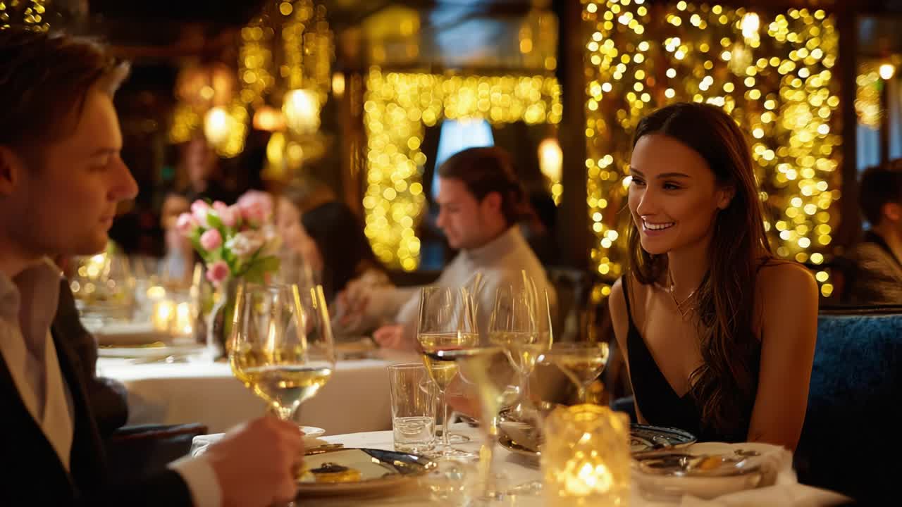 Intimate Dinner Table Setting Amidst Twinkling Lights: A Couple Engaging in Cheerful Conversation Over Wine While Surrounded by Elegant Decor and Soft Ambiance in a Romantic Restaurant Environment