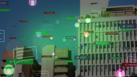 cityscape background with animated social media notifications and interactions