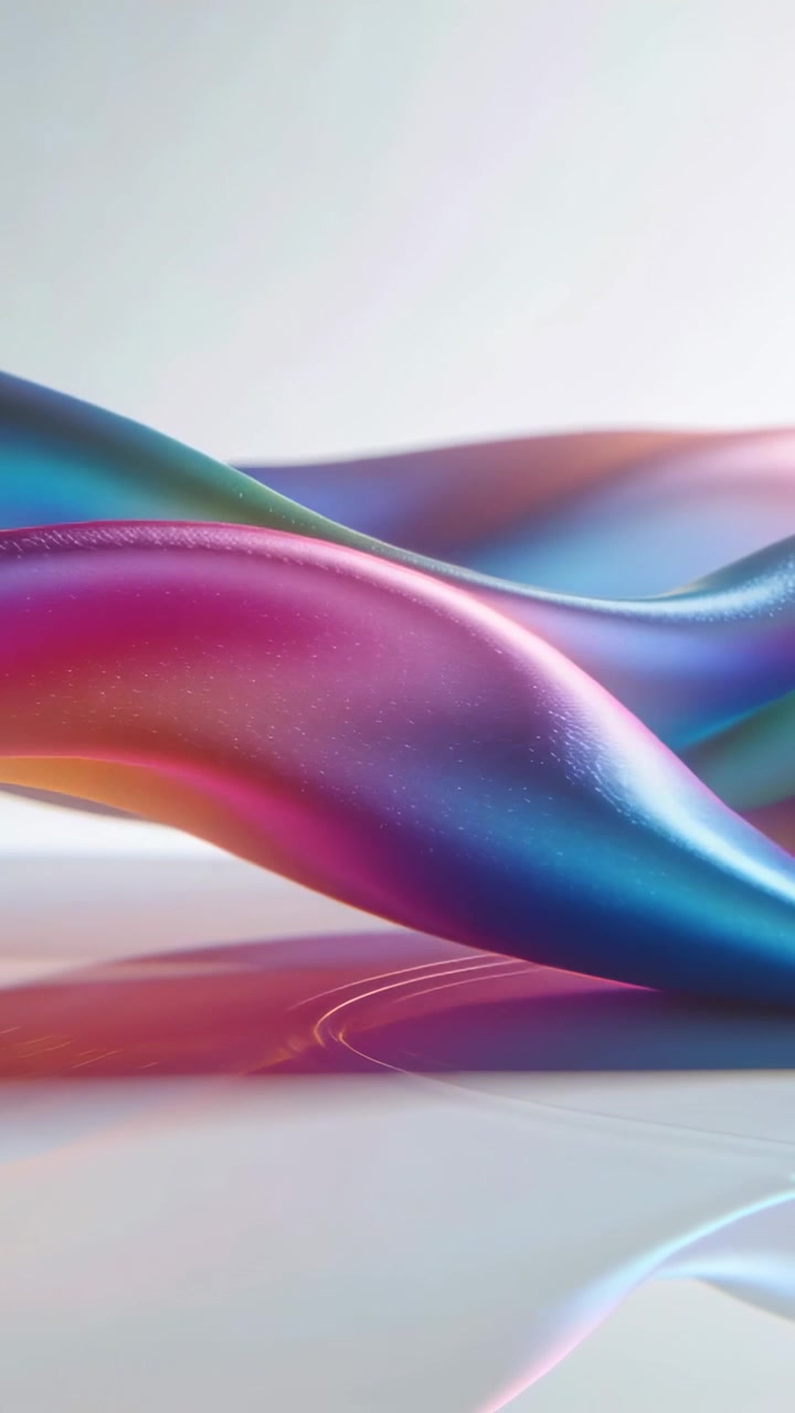 Vertical video: Shifting silk ribbon moving as light sweeps studio, mirroring on smooth floor