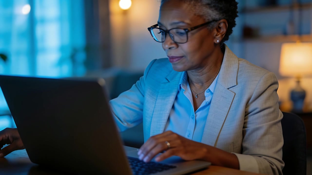 Typing woman in blazer and glasses starting evening work at home, reaching left returning to laptop