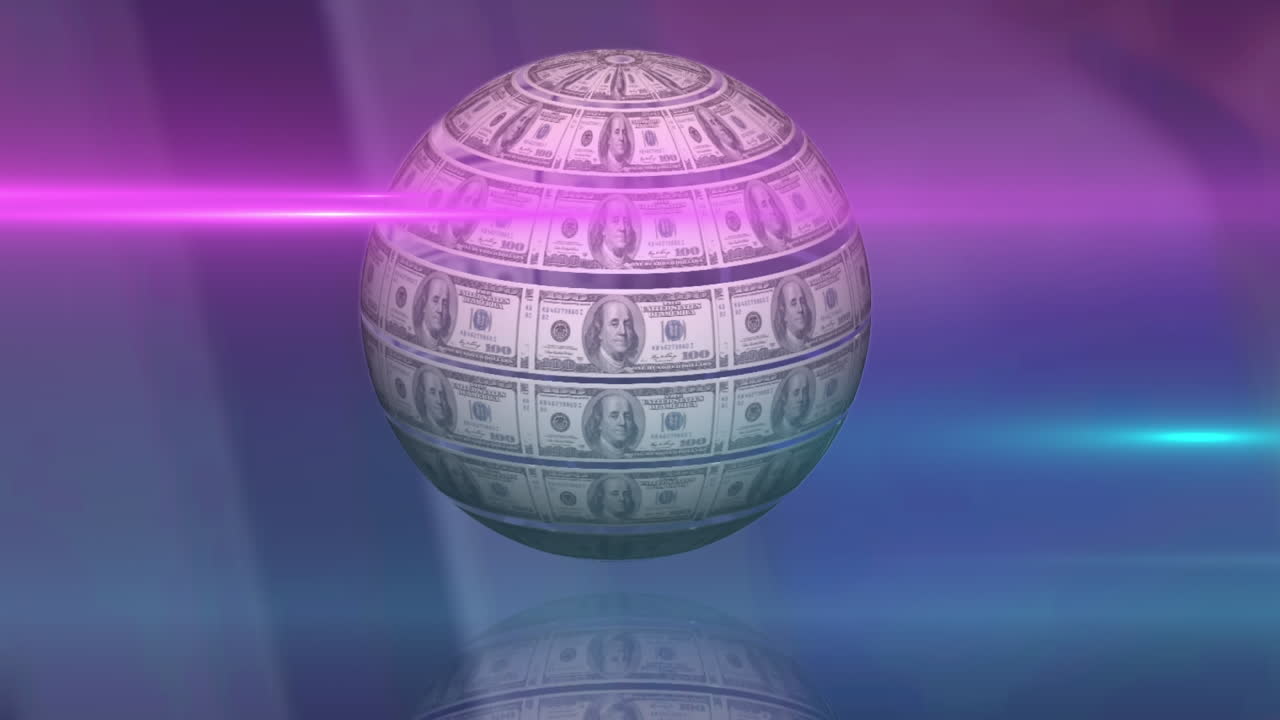 ⁇ 昧な背景のピンクと青の光のビームとドル紙幣の回転する地球のアニメーション