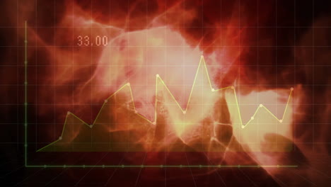 yellow-green line graph floating over grid on nebula in flat design, showing pixel label 33