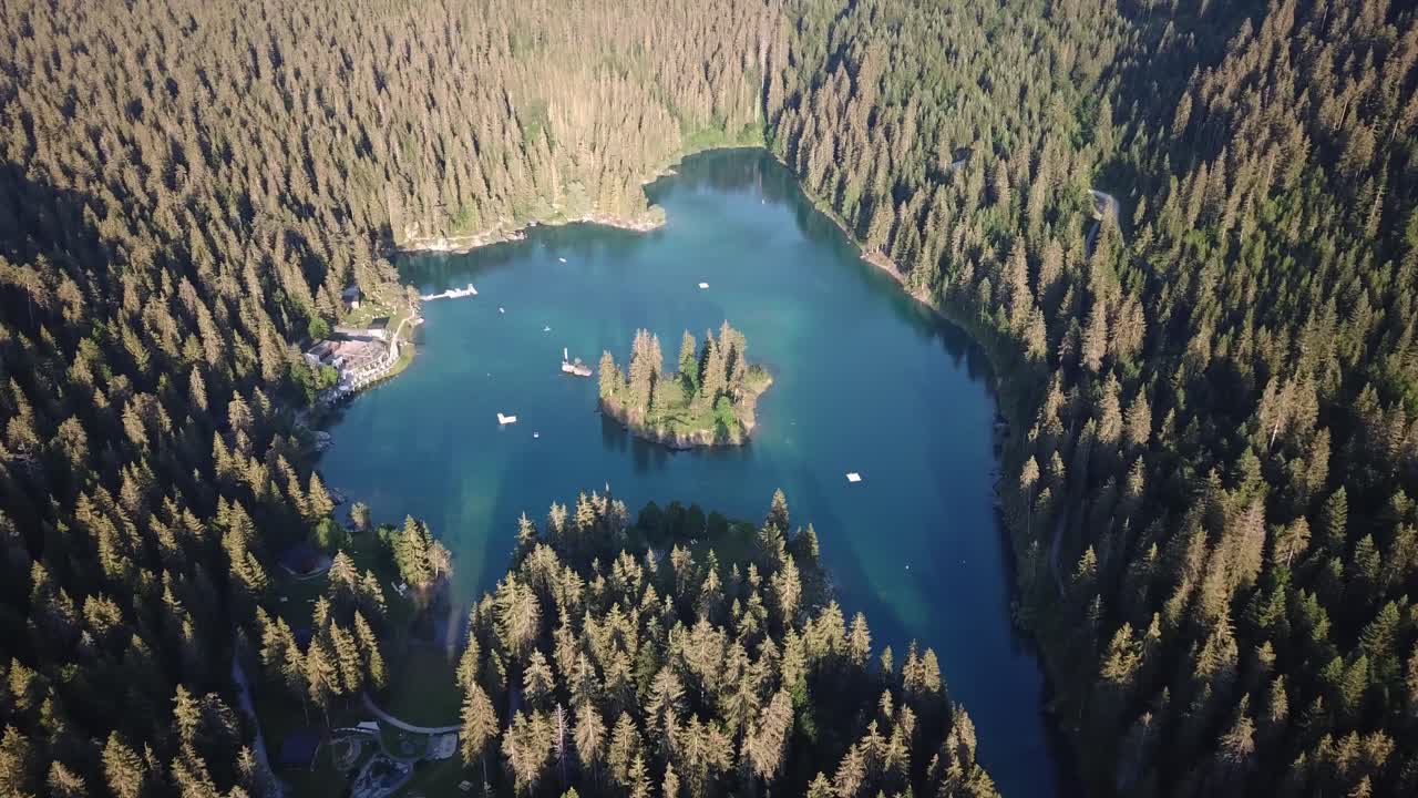 Drone footage at the Lake Cauma, (Caumasee), Grisons (Graubünden), Switzerland.