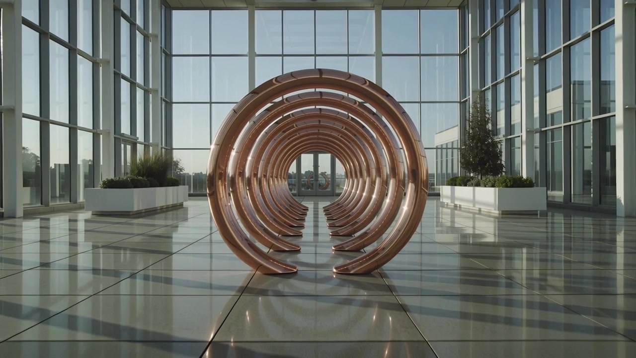 Escultura moderna de anillo de cobre en un atrio de cristal luminoso