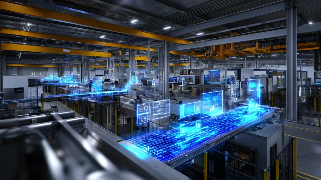Futuristic Industrial Automation Scene Featuring Advanced Digital Interfaces and Data Visualization Within a Modern Manufacturing Facility’s High-Tech Environment