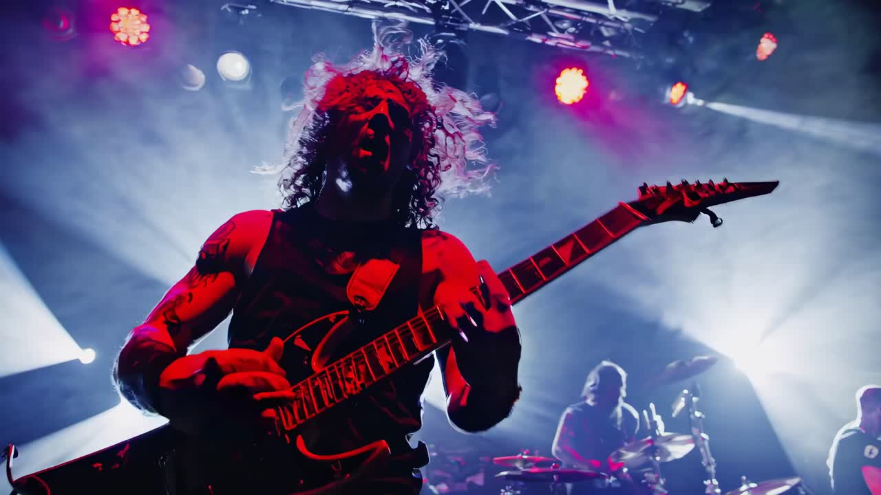 Dynamische Videoaufnahme einer Rockband aus der Froschperspektive, die auf der Bühne auftritt, intensive Energie und Dramatik einfangend