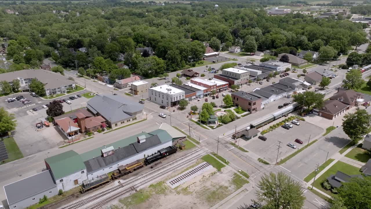 Downtown Howard City, Michigan with drone video moving in a circle.