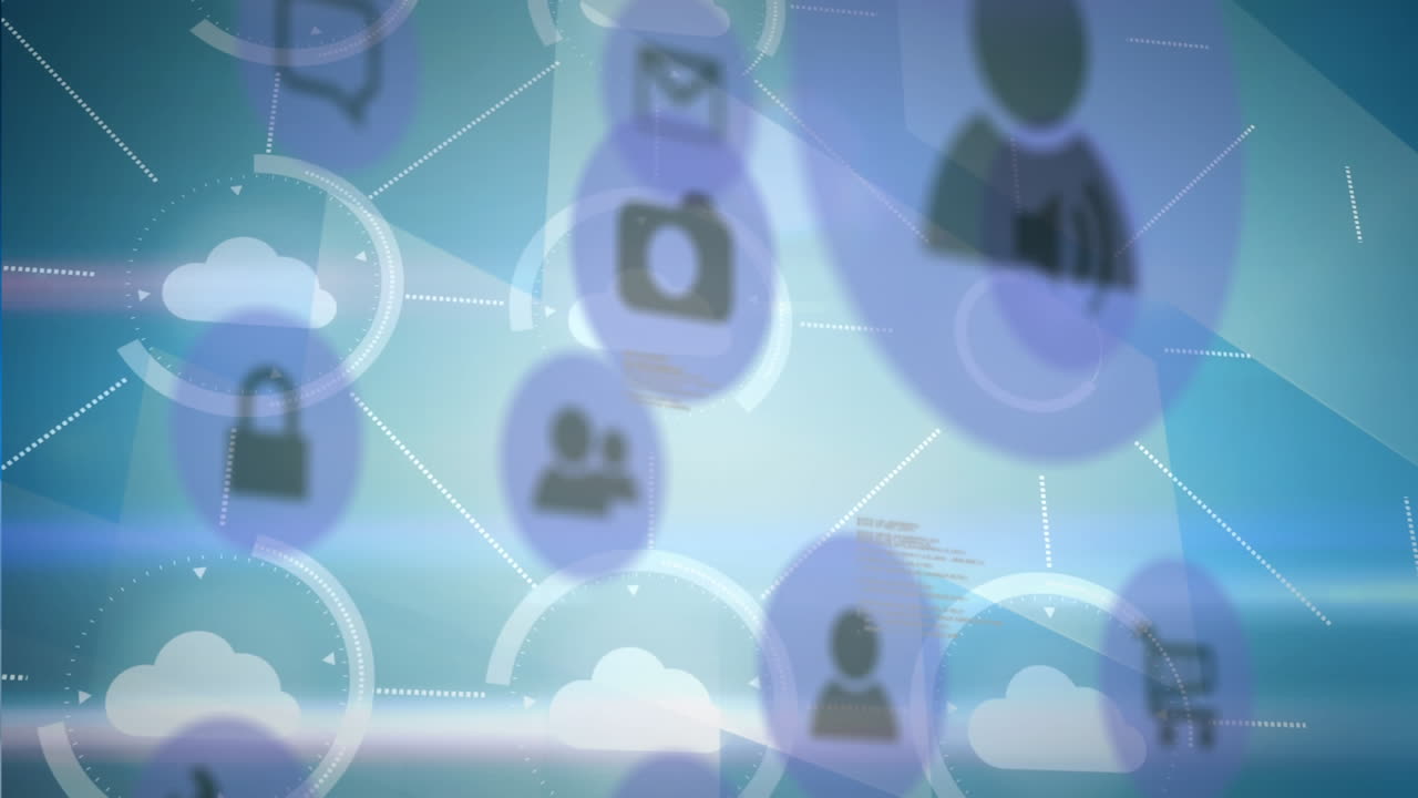 animación digital de múltiples iconos digitales contra la red de iconos de nubes en fondo azul