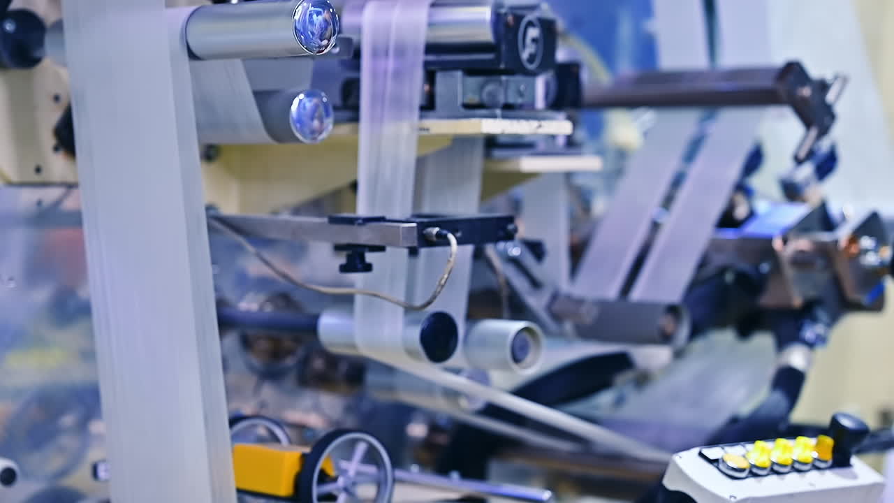 Numerous shafts - big and small rotating quickly to pass the inner layer of diapers. The white fabric goes through many rollers at the enterprise. Close up.