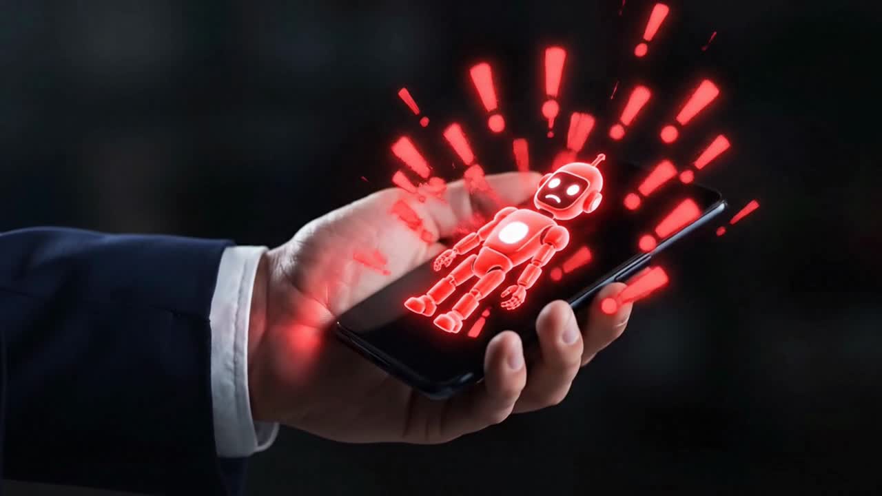 AI chatbot error with a sad red robot and warning signs